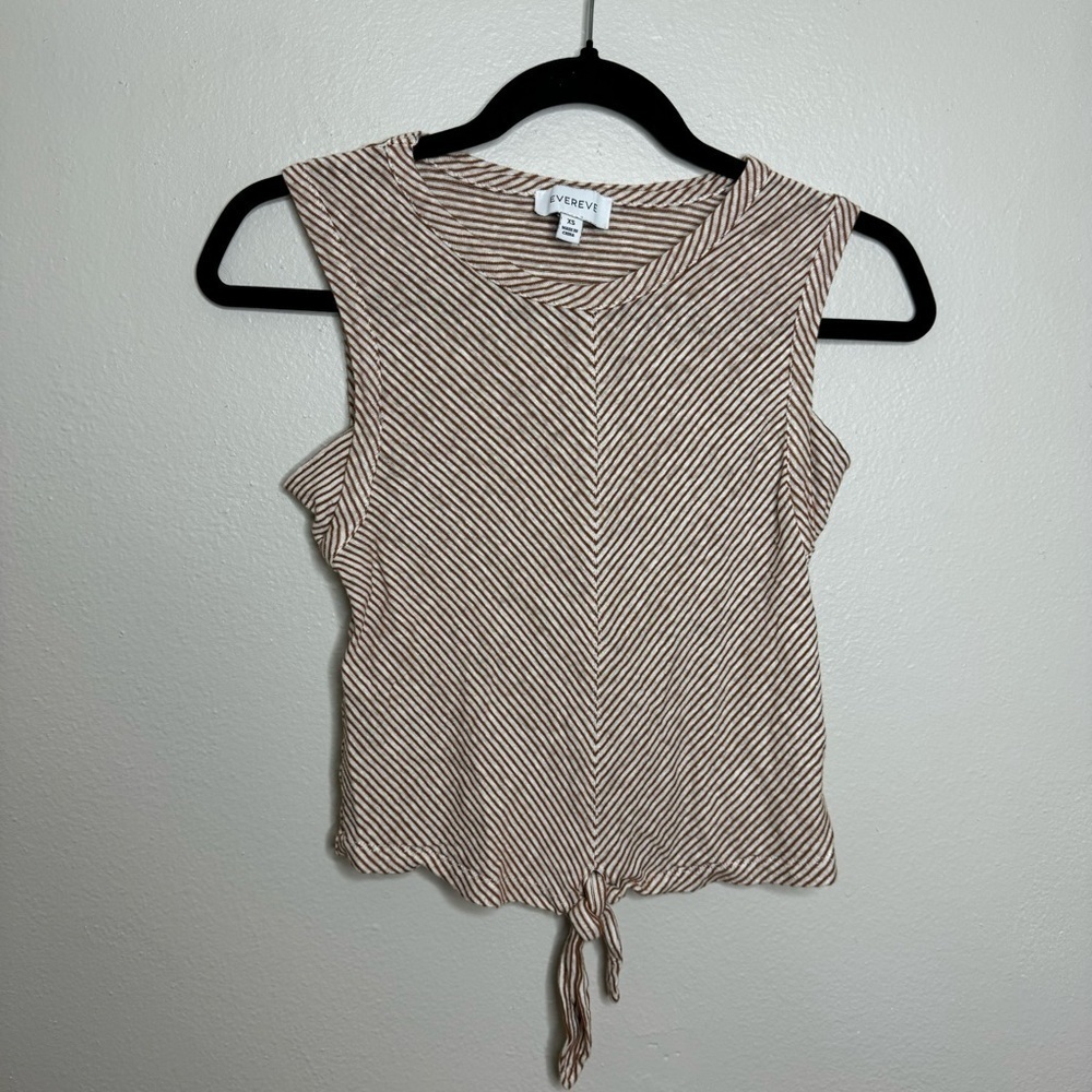Evereve Sleeveless Tank Top Brown White Striped Tie Knot Front